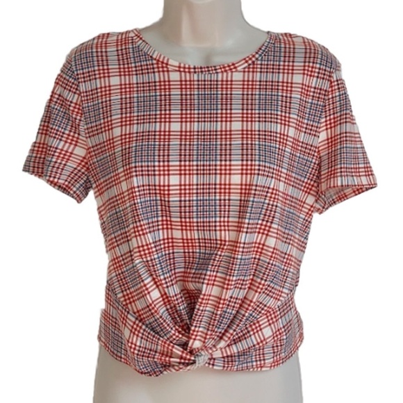 NWT H & M Twist Front Plaid Crew Neck Cropped Pullover Short Sleeve Top Small - Picture 1 of 7
